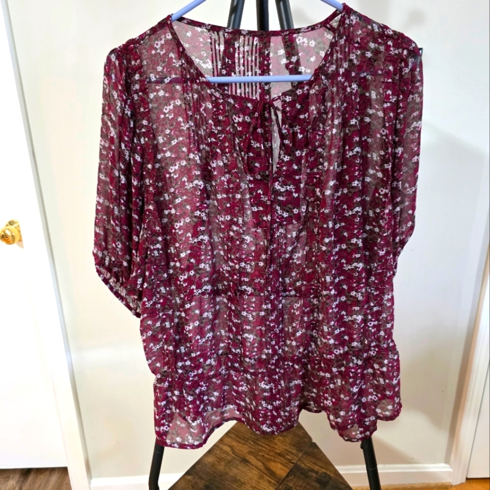 Floral Burgundy Semi-Sheer Blouse